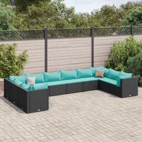 Set de muebles de jardín 10 pzas cojines ratán sintético negro