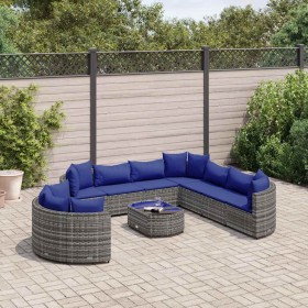 Set de sofás de jardín y cojines 10 pzas ratán sintético gris