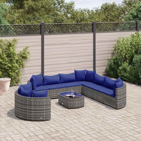 Set de sofás de jardín y cojines 10 pzas ratán sintético gris
