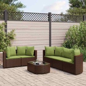 Set sofás de jardín 6 piezas y cojines ratán sintético marrón