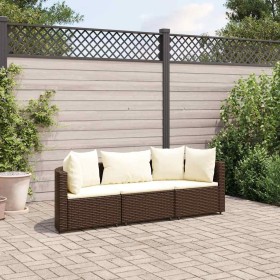 Set sofás de jardín 3 piezas y cojines ratán sintético marrón