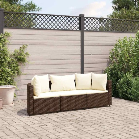 Set sofás de jardín 3 piezas y cojines ratán sintético marrón