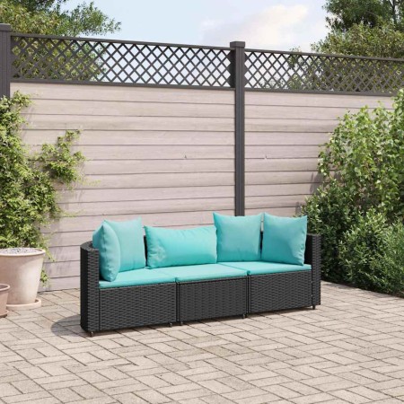 Set de sofás de jardín con cojines 3 pzas ratán sintético negro
