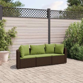 Set sofás de jardín 3 piezas y cojines ratán sintético marrón