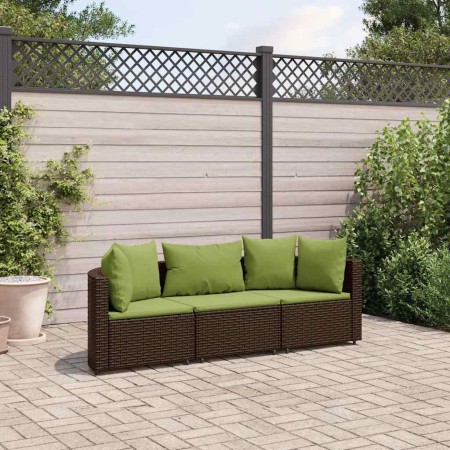 Set sofás de jardín 3 piezas y cojines ratán sintético marrón