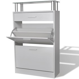 Mueble zapatero con cajón y estante superior de vidrio blanco