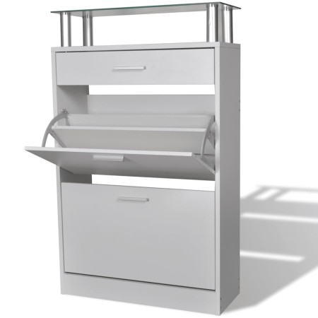 Mueble zapatero con cajón y estante superior de vidrio blanco