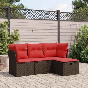 Set de sofás de jardín 4 pzas y cojines ratán sintético marrón