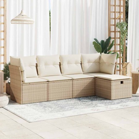 Juego de sofás jardín con cojines 5 pzas ratán sintético beige