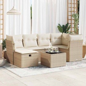 Set sofás de jardín 7 piezas y cojines ratán sintético beige en Conjuntos de jardín | Comprar online en Foro24
