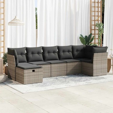 Set de sofás de jardín 7 pzas con cojines ratán sintético gris