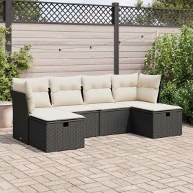 Set de sofás de jardín 6 piezas y cojines ratán sintético negro