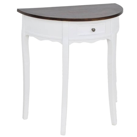 Mesa consola semicircular con cajón blanca y superficie marrón