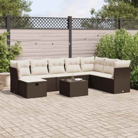 Set de sofás de jardín 9 pzas y cojines ratán sintético marrón