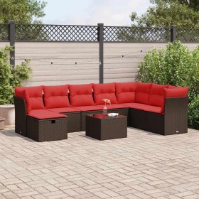 Set de sofás de jardín 9 pzas y cojines ratán sintético marrón