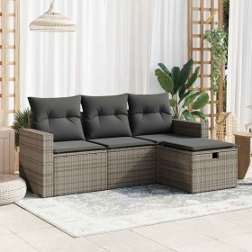 Set de sofás de jardín 4 pzas y cojines ratán sintético gris