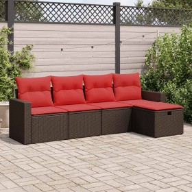Set comedor de jardín 5 piezas y cojines ratán sintético marrón