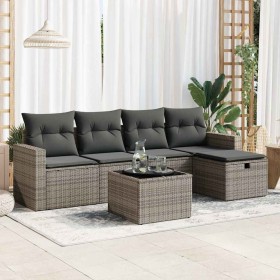 Set de muebles de jardín 6 pzas y cojines ratán sintético gris