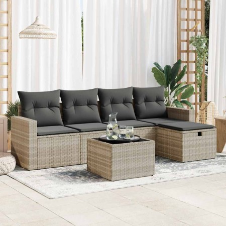 Set de sofás de jardín 6 pzas y cojines ratán sintético gris