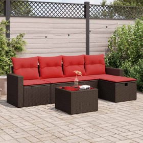 Set sofás de jardín 6 piezas y cojines ratán sintético marrón