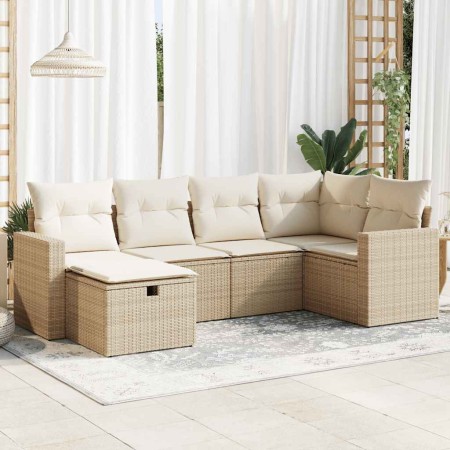 Juego de sofás jardín con cojines 6 pzas ratán sintético beige