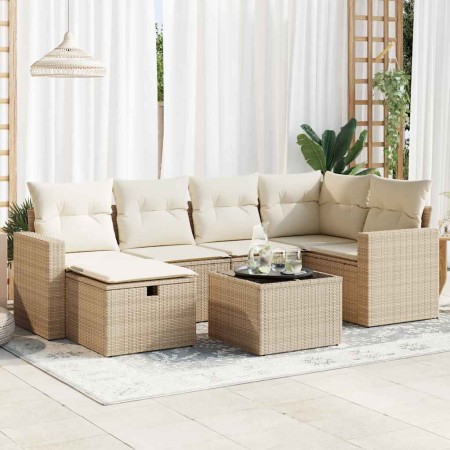 Set sofás de jardín 7 piezas y cojines ratán sintético beige
