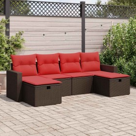 Set sofás de jardín 6 piezas y cojines ratán sintético marrón