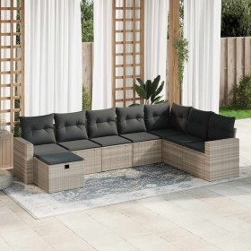 Set de sofás de jardín 8 pzas y cojines ratán sintético gris