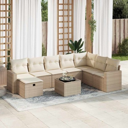 Set de sofás de jardín con cojines 9 pzas ratán sintético beige