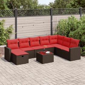 Set de sofás de jardín 9 pzas y cojines ratán sintético marrón
