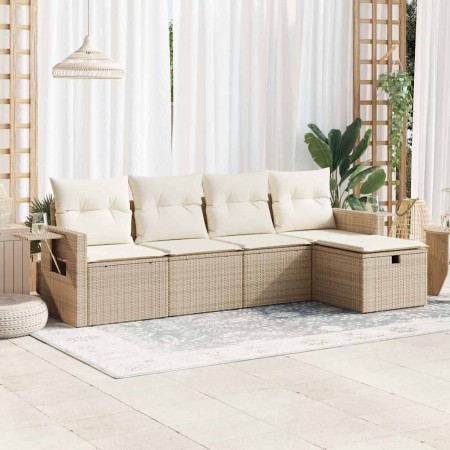 Juego de sofás jardín con cojines 5 pzas ratán sintético beige
