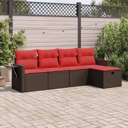 Set comedor de jardín 5 piezas y cojines ratán sintético marrón