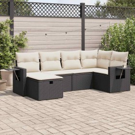 Set de sofás de jardín 6 piezas y cojines ratán sintético negro