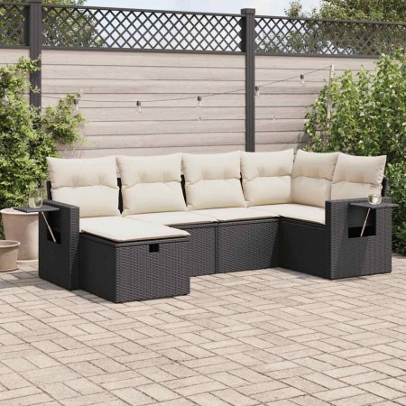 Set de sofás de jardín 6 piezas y cojines ratán sintético negro
