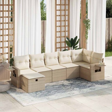 Set sofás de jardín 7 piezas y cojines ratán sintético beige