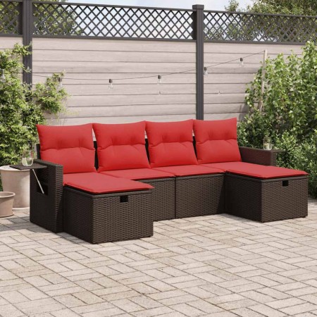 Set sofás de jardín 6 piezas y cojines ratán sintético marrón