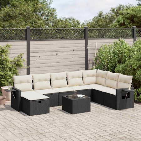 Set de sofás de jardín con cojines 9 pzas ratán sintético negro