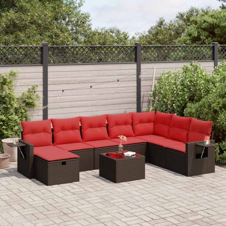 Set de sofás de jardín 9 pzas y cojines ratán sintético marrón