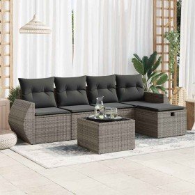 Set de muebles de jardín 6 pzas y cojines ratán sintético gris