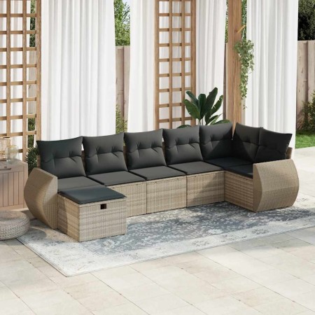 Set de sofás de jardín 7 pzas con cojines ratán PE gris claro