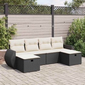 Set de sofás de jardín 6 piezas y cojines ratán sintético negro