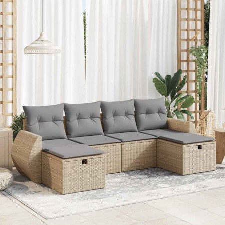 Juego de sofás jardín con cojines 6 pzas ratán sintético beige