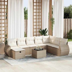 Set de sofás de jardín con cojines 9 pzas ratán sintético beige