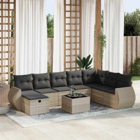 Set muebles jardín 9 pzas y cojines ratán sintético gris claro Set muebles jardín 9 pzas y cojines ratán sintético gris claro