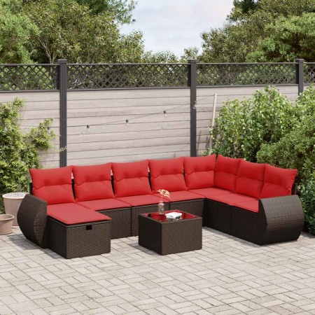 Set de sofás de jardín 9 pzas y cojines ratán sintético marrón