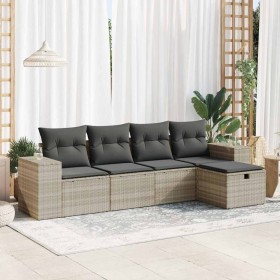 Set de sofás jardín y cojines 5 pzas ratán sintético gris claro