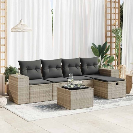 Set de sofás de jardín 6 pzas y cojines ratán sintético gris