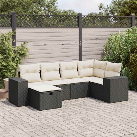 Set de sofás de jardín 6 piezas y cojines ratán sintético negro
