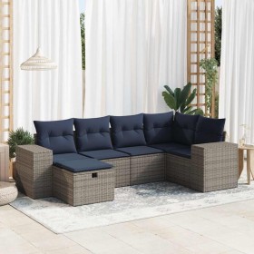 Set de muebles de jardín 6 pzas y cojines ratán sintético gris