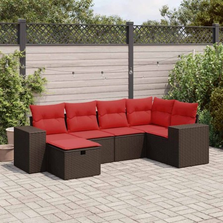 Set sofás de jardín 6 piezas y cojines ratán sintético marrón